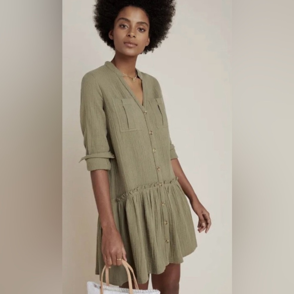 Anthropologie Maeve Katie Textured‎ Gauzy Utility Tunic Dress Long Sleeves